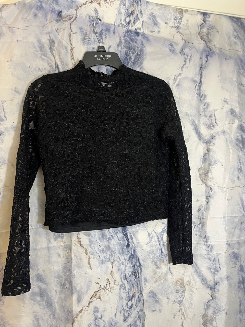 Black Lace Mock-Neck Long Sleeve Blouse